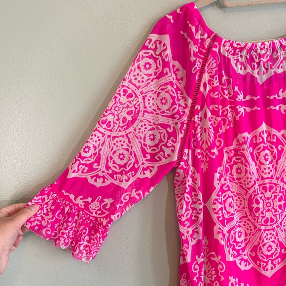 INC Blouse XL SWEET MEADOW Henna Emblem Ruffled Pullover 3/4 Sleeves Top Pink// - Picture 3 of 6